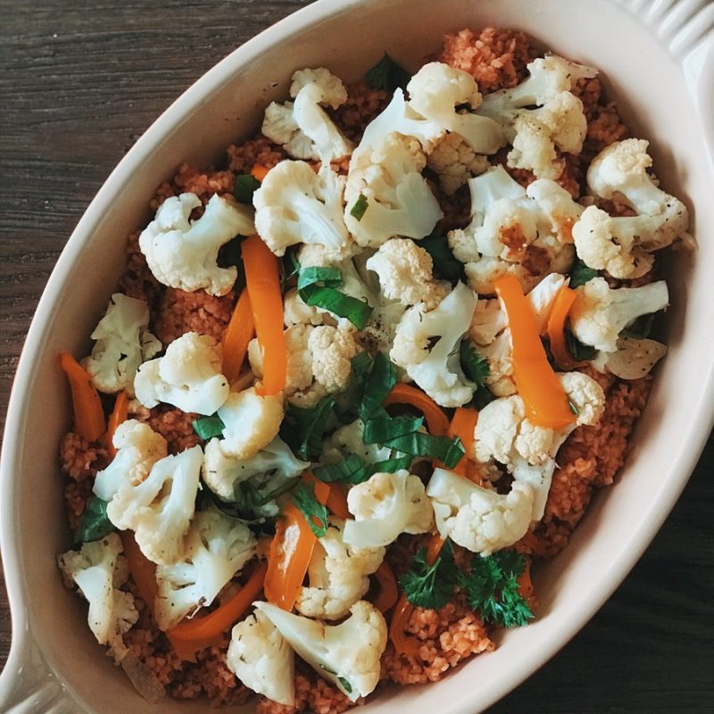 Roasted Cauliflower & Peppers on a bed of Bulgur